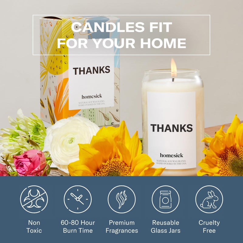 Homesick Scented Candles for Home (Thanks) - 13.75 oz Long-Lasting Soy Wax Blend Jar Candle Gifts for Women for All Occasions, 60-80 Hours Burn Time - Notes of Cucumber, Lemon & Patchouli - Image 5
